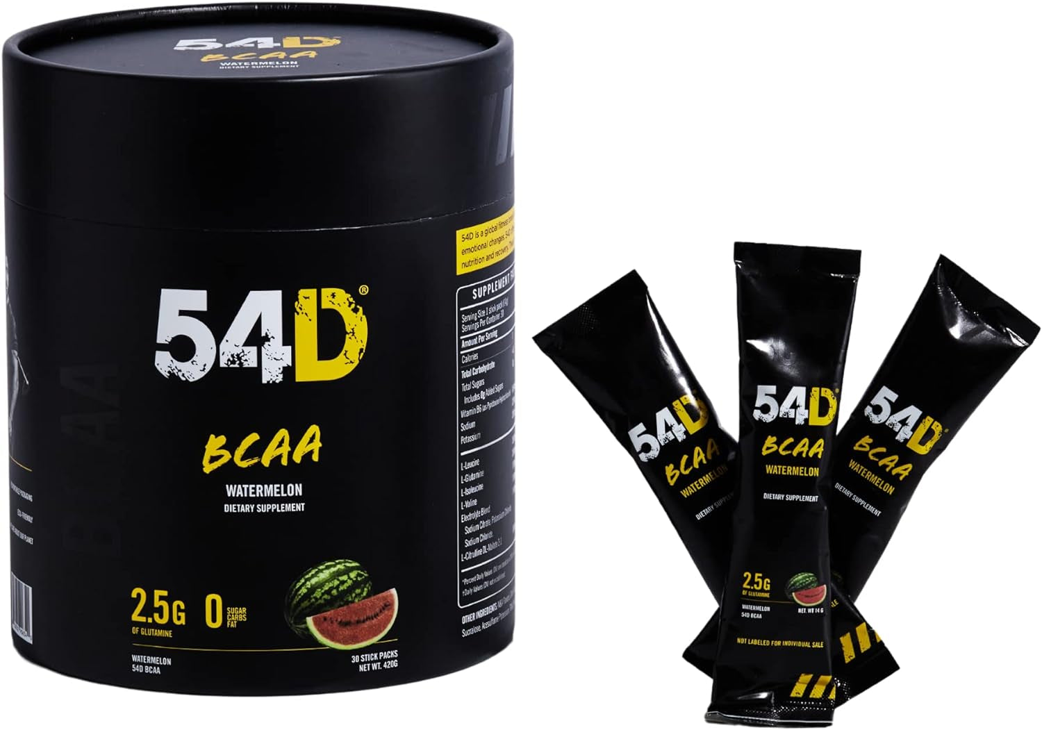 54D BCAA Powder Sports Drink for Hydration & Recovery, Optimizes Post-Workout Recovery, No Calories, Vegan, Gluten and Sugar Free, Glutamine 2.5 G, Watermelon, 30 Single Service Stick, 14.8 Oz