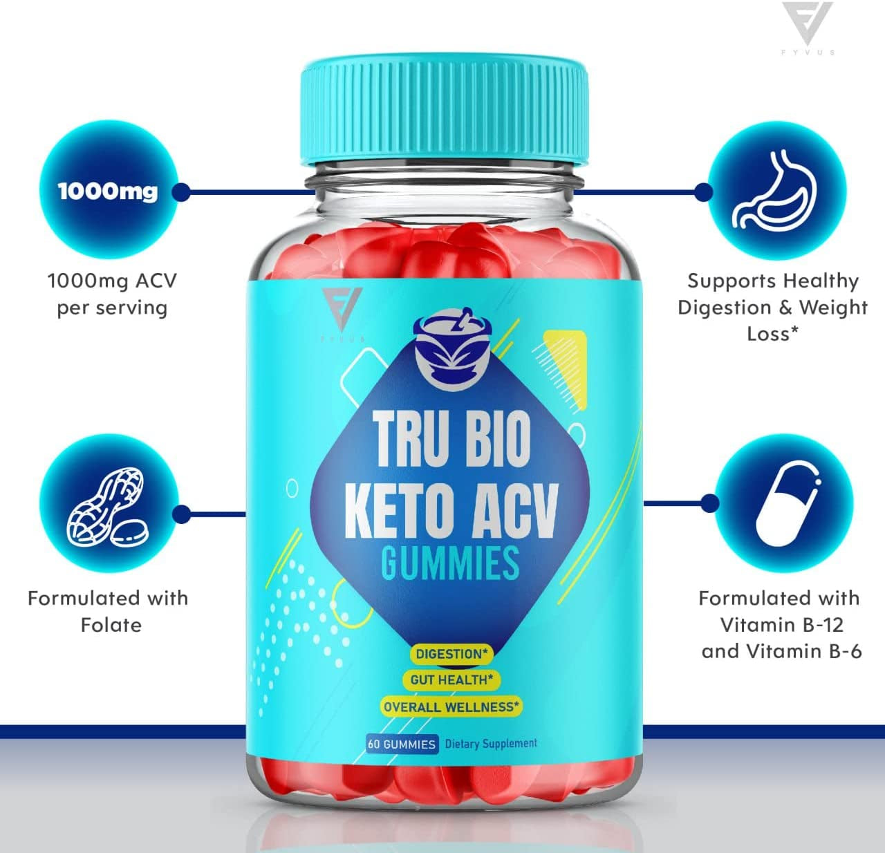 Fyvus Tru Bio Keto Gummies for Weight Loss, Trubio Keto, True Bio Keto ACV Gummy Fat Belly Burner Women Men Appetite Weightloss Apple Cider Vinegar Supplement (60 Gummies)