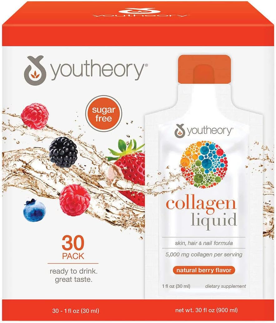 Youtheory Collagen Liquid, Revitalizes Skin, Hair and Nails, Berry Flavor, 30 Packets