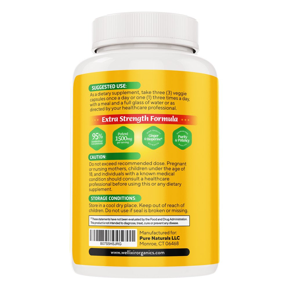 Wellixir Turmeric Supplement Capsules, 95% Curcuminoids W. Bioperine & Ginger Root, 1500Mg High Absorption - 120 Caps