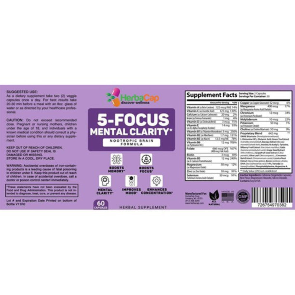 Herbacap 5-Focus Mental Clarity Supplement for All Ages of Men & Women, Multivitamin Supplement for Boost Memory & Concentration, Enhance Cognitive & Brain Health