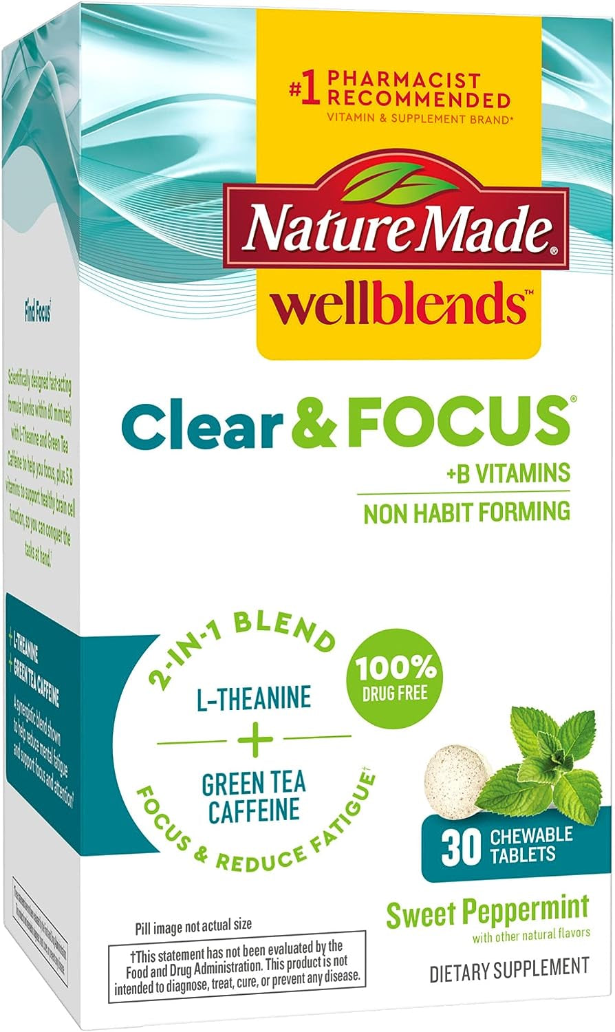 Nature Made Wellblends Clear & Focus, L-Theanine, Green Tea Caffeine, 5 B Vitamins, Fast-Acting Formula, 30 Chewable Tablets, Peppermint Flavor