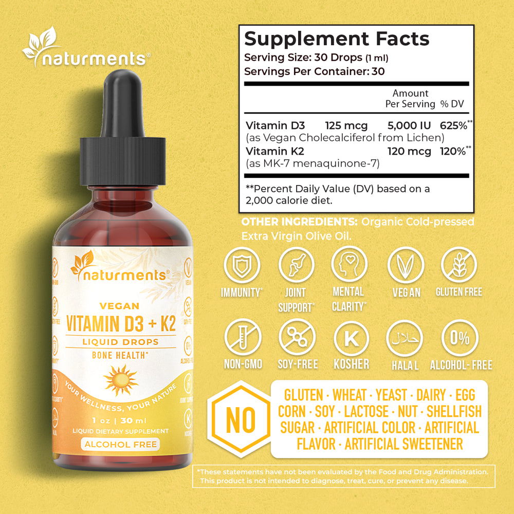 Naturments Vitamin D3 with K2 Liquid Drops (As Lichen) +K2 Complex : for Bone and Heart Health Formula Immune Support and Energy - Faster Absorption Non-Gmo, Vegan Alcohol-Free, Sugar-Free 1 Fl Oz