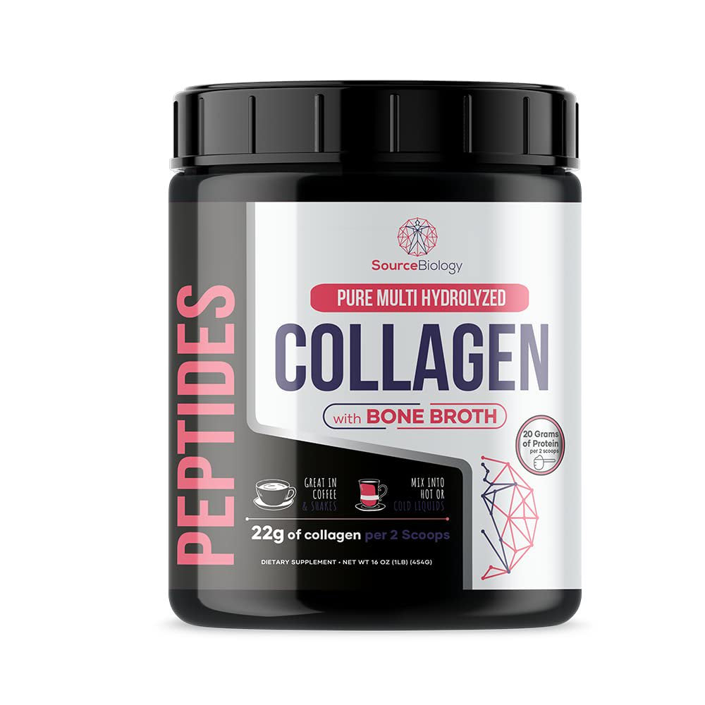 Source Biology Collagen Peptides with Bone Broth - Pure Hydrolyzed Multi Collagen, Types I, II, III, V, and X - 20 Grams of Protein per 2 Scoops