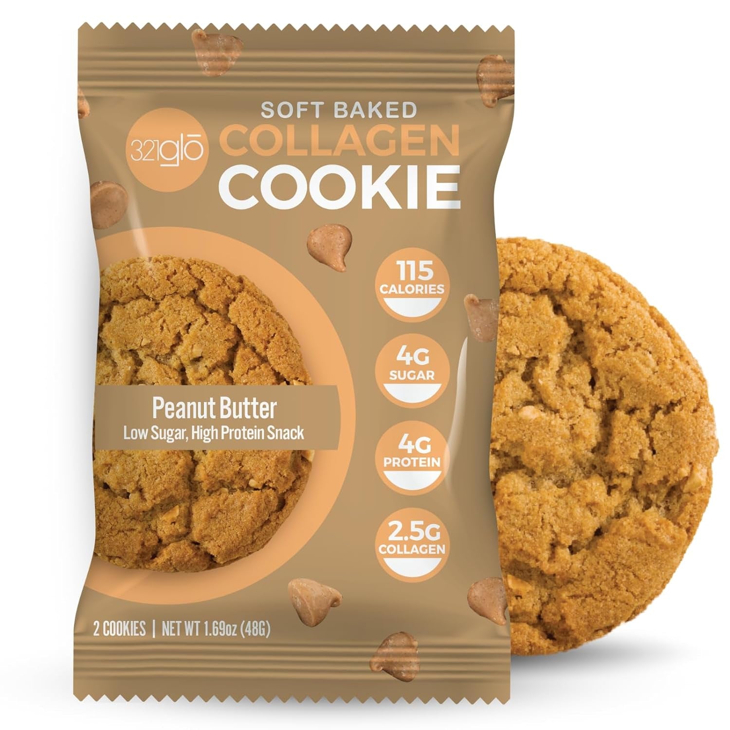 321Glo Collagen Cookies | Soft Baked, High Protein Cookies | Low Carb, Low Sugar | Keto Snack for Women, Men, & Kids | 6 Pack (Peanut Butter)