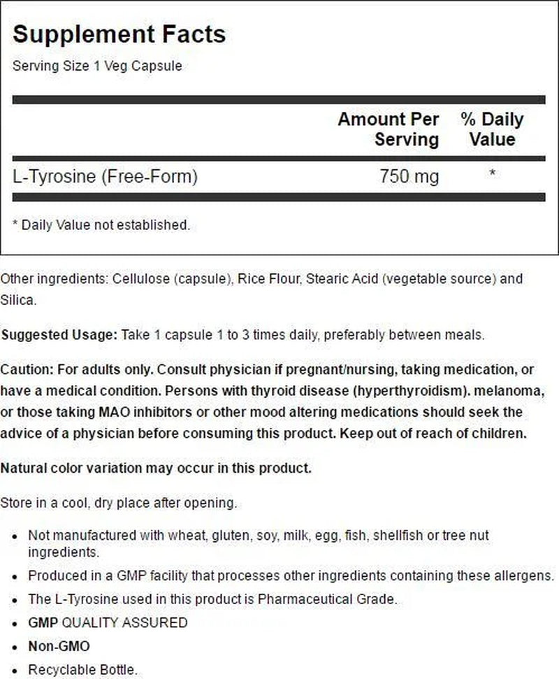 NOW Supplements, L-Tyrosine 750 Mg, Supports Mental Alertness*, 90 Veg Capsules