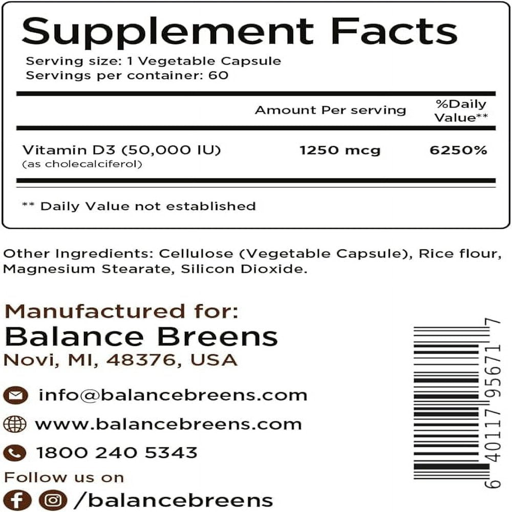 Vitamin D3 50,000 IU - 60 Veggie Capsules - High Potency Gluten Free Non-Gmo Vitamin D Supplement by Balance Breens