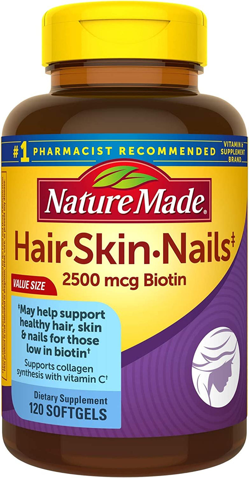 Nature Made Hair Skin and Nails with Biotin 2500 Mcg, Dietary Supplement for Healthy Hair Skin and Nails Support, 120 Softgels, 120 Day Supply