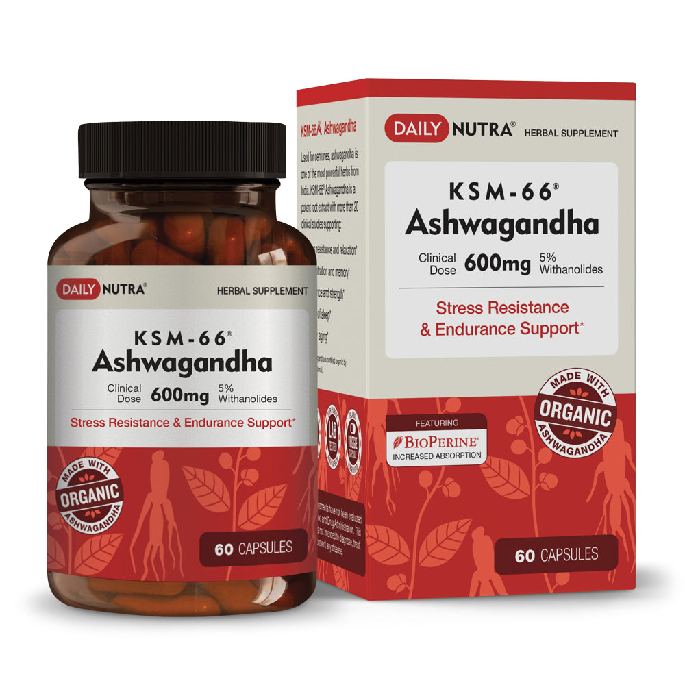 KSM-66 Ashwagandha by Dailynutra - 600Mg Organic Root Extract - High Potency Supplement with 5% Withanolides | Stress Relief, Increased Energy and Focus (60 Capsules)