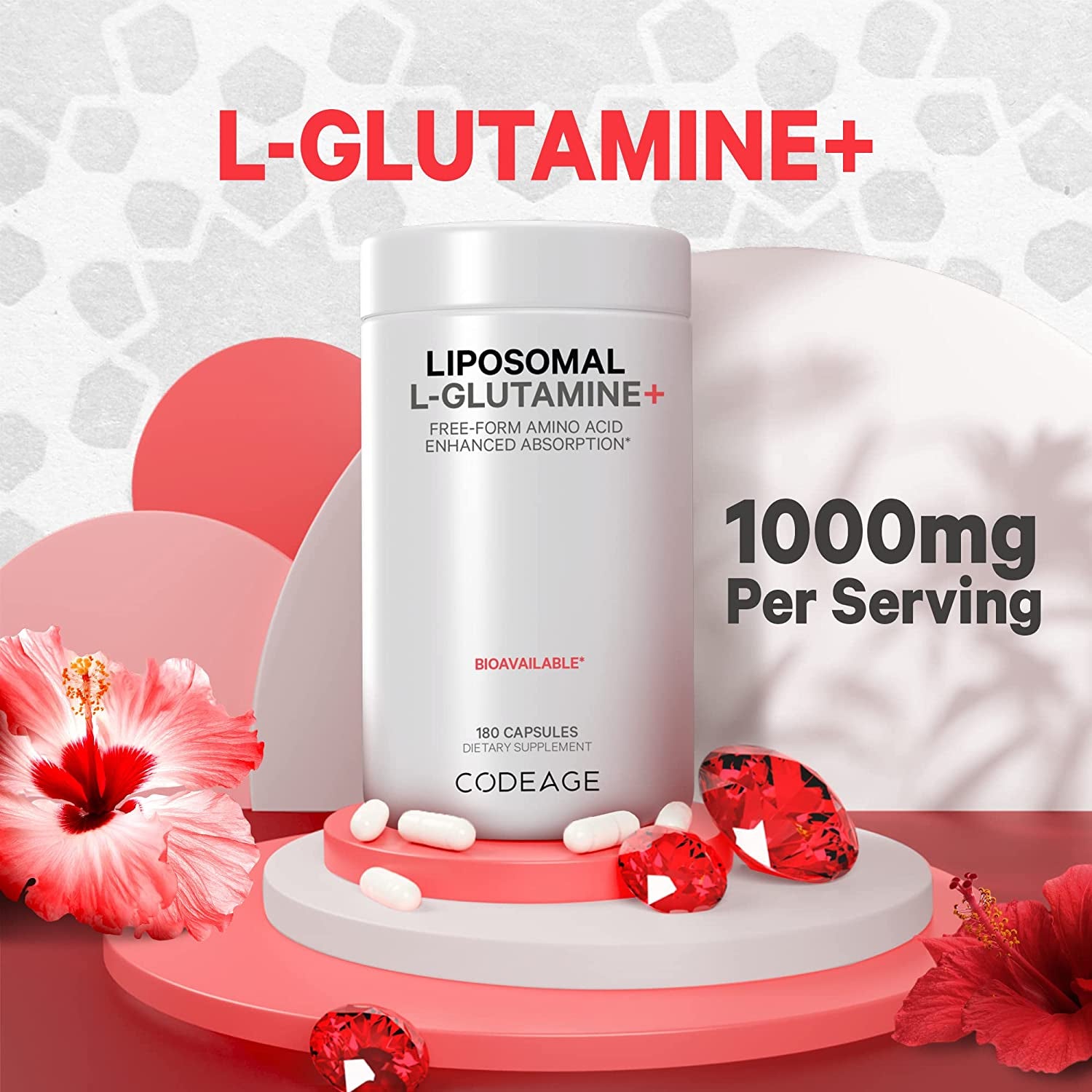 Codeage L-Glutamine 1000Mg Supplement, Free-Form Amino Acid Glutamine, Liposomal Delivery for Enhanced Absorption, 3-Month Supply, Vegan & Non-Gmo, Gut Health, Immune, Muscles Support, 180 Capsules