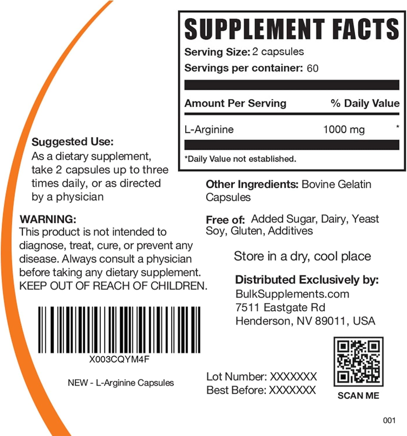 Bulksupplements.Com L-Arginine 1000Mg Capsules - Arginine Supplement, Nitric Oxide Supplement, L Arginine Capsules - Nitric Oxide Pills, Gluten Free - 2 Capsules per Serving, 120 Capsules