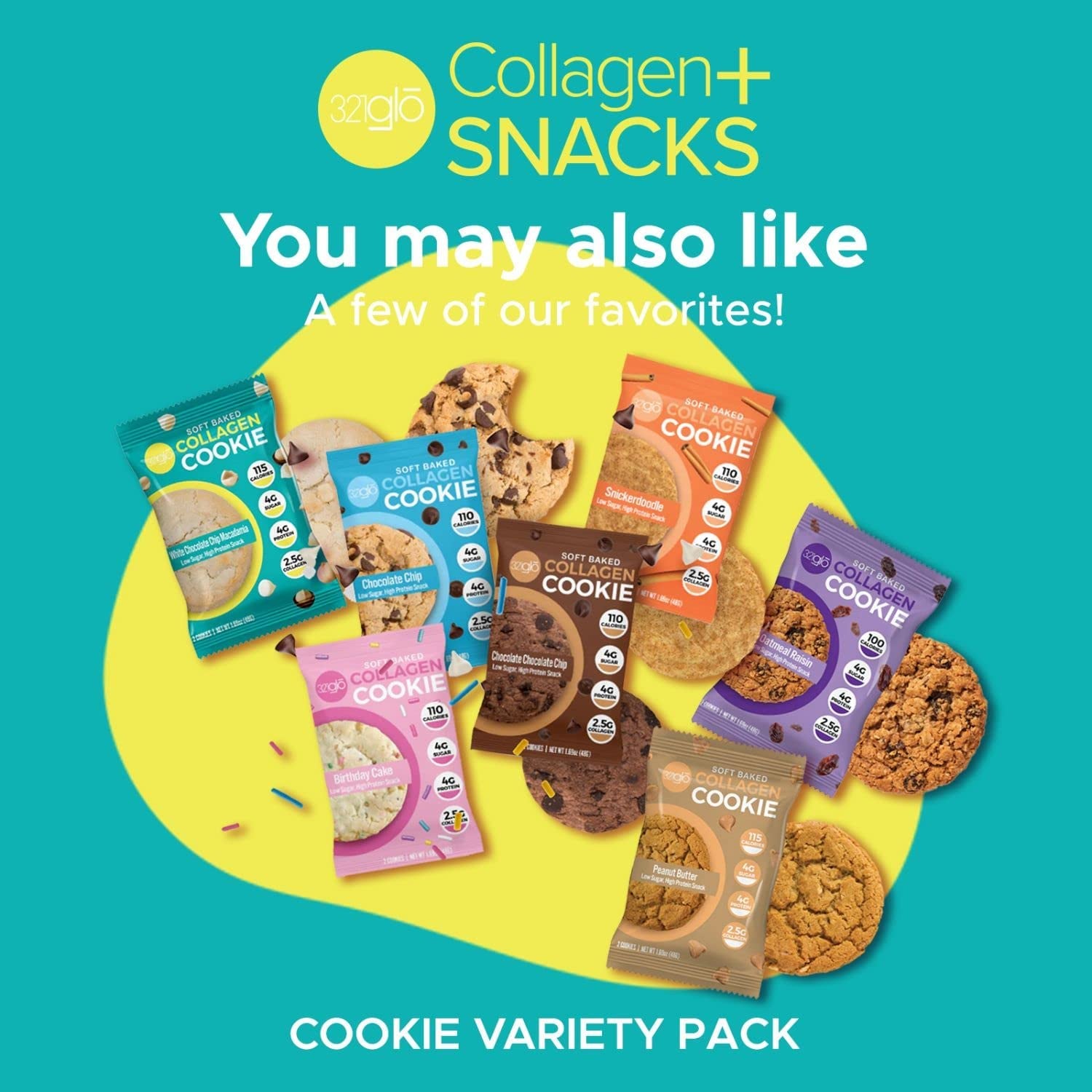 321Glo Collagen Cookies | Soft Baked, High Protein Cookies | Low Carb, Low Sugar | Keto Snack for Women, Men, & Kids | 6 Pack (White Chocolate Chip Macadamia)