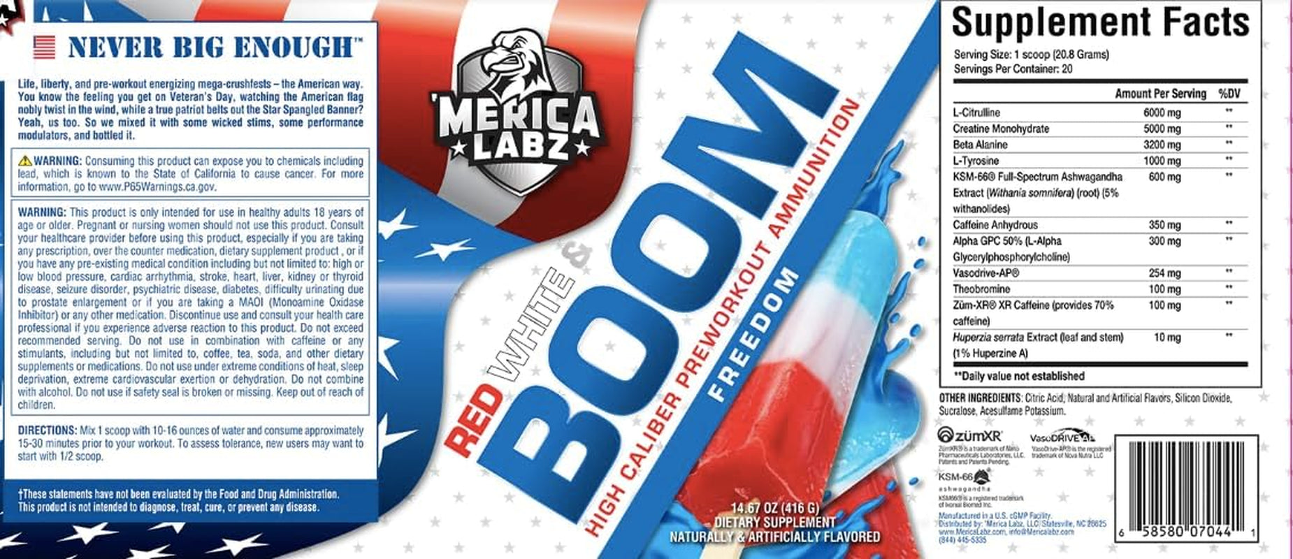 'Merica Labz Red, White, and Boom, High Caliber Pre Workout with Vasodrive-Ap®, 350Mg Caffeine, Max Energy, Pump and Focus, Increased Blood Flow and Muscle Volume, 20 Servings (Freedom)