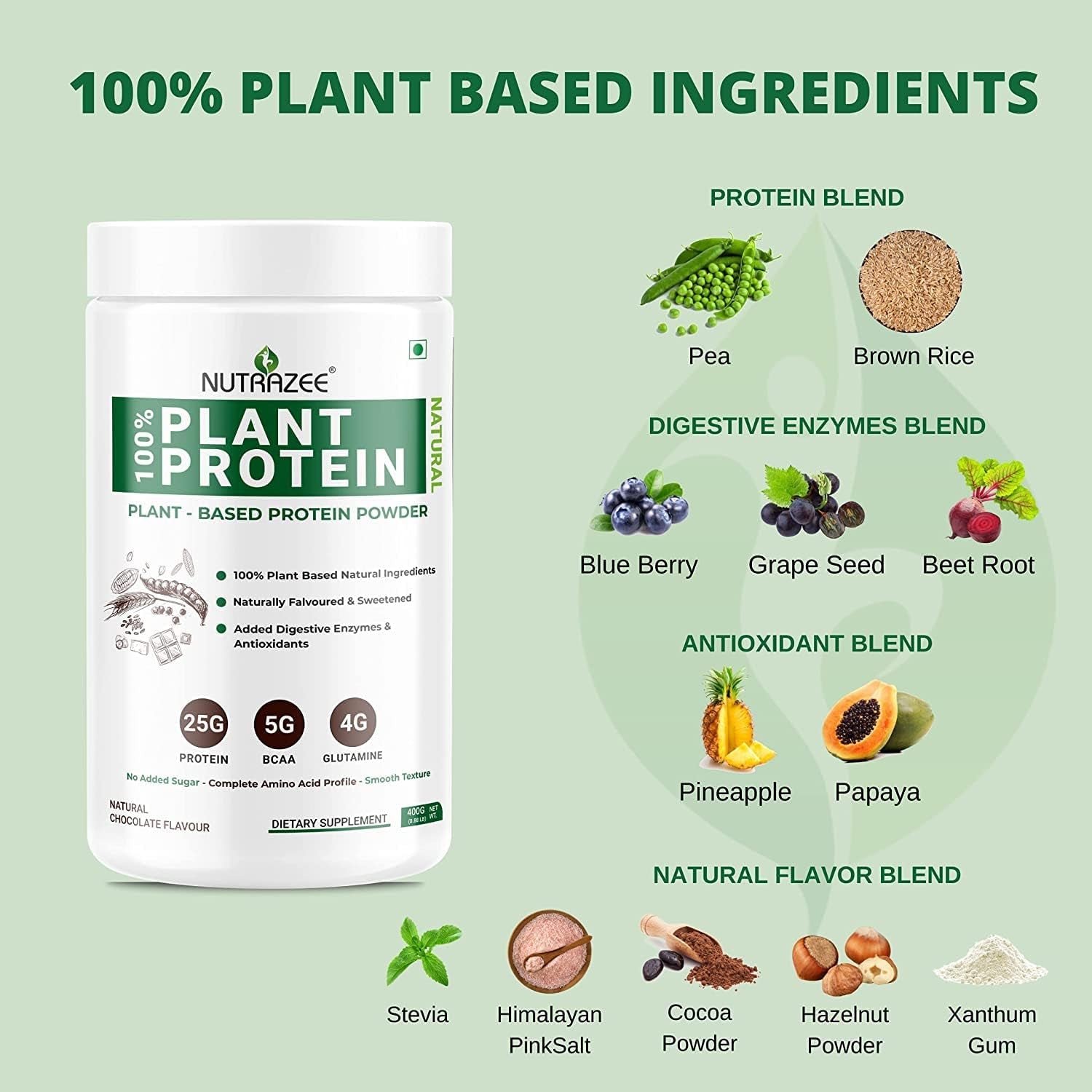 Gamium 100% Plant Protein Powder Vegan - for Men & Women, Natural Chocolate Flavour, Gluten & Lactose Free, Added Digestive Enzymes & Antioxidants (400 G, 11 Servings)