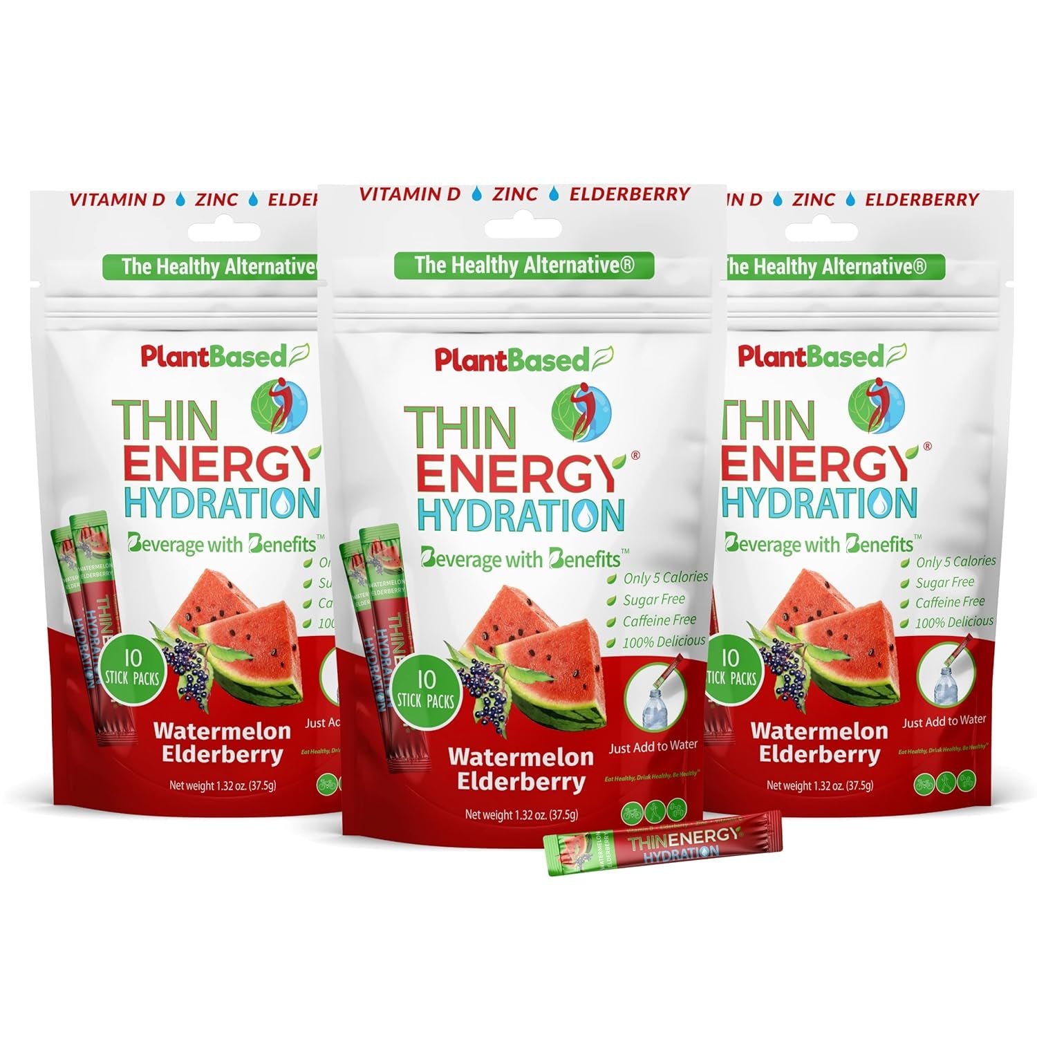 Thin Energy Hydration Powder Packets | Watermelon Elderberry | 30 Sticks | Vitamins & Electrolytes Sports Drink Mix | Caffeine Free | Sugar Free & Keto Friendly | Plant Based