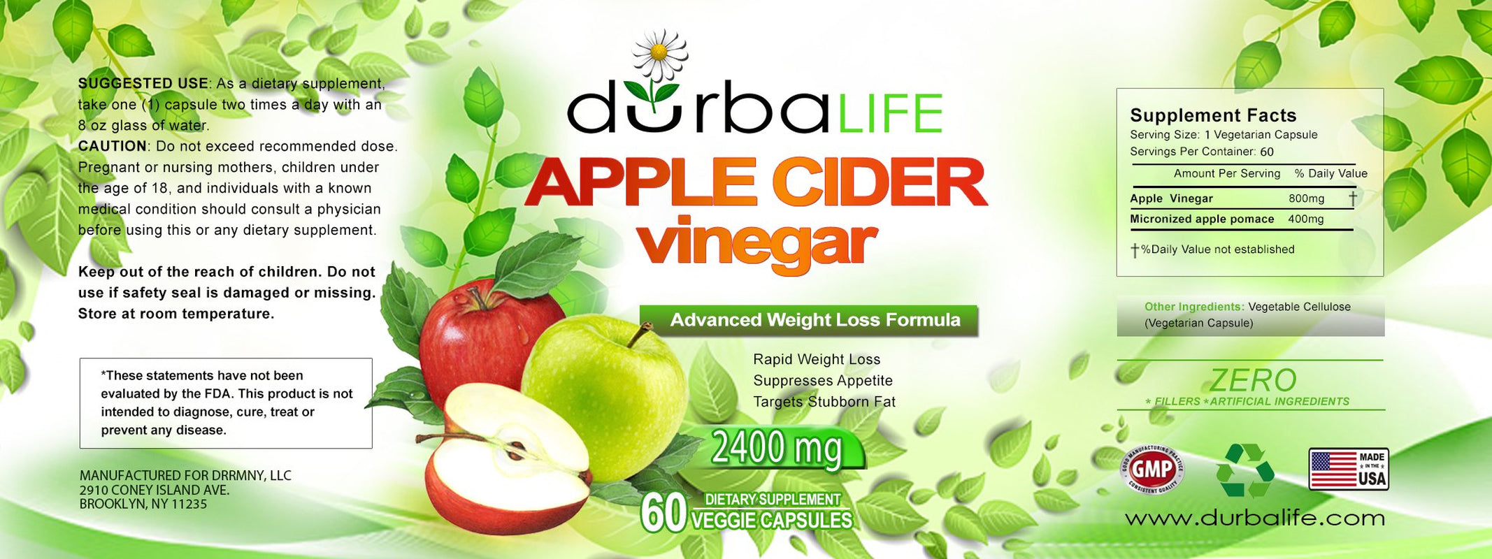 Durbalife Apple Cider Vinegar 2400Mg 180 Pills - 3 Pack Dietary Supplement