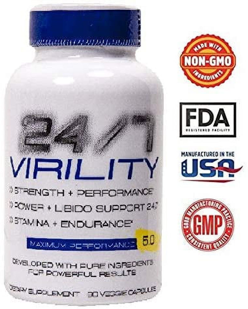 24/7 Virility Stamina & Enlargement Booster for Men - Increase Size, Strength, Stamina - Energy, Mood, Endurance Boost - All Natural Once Daily Supplement for Men - Made in USA