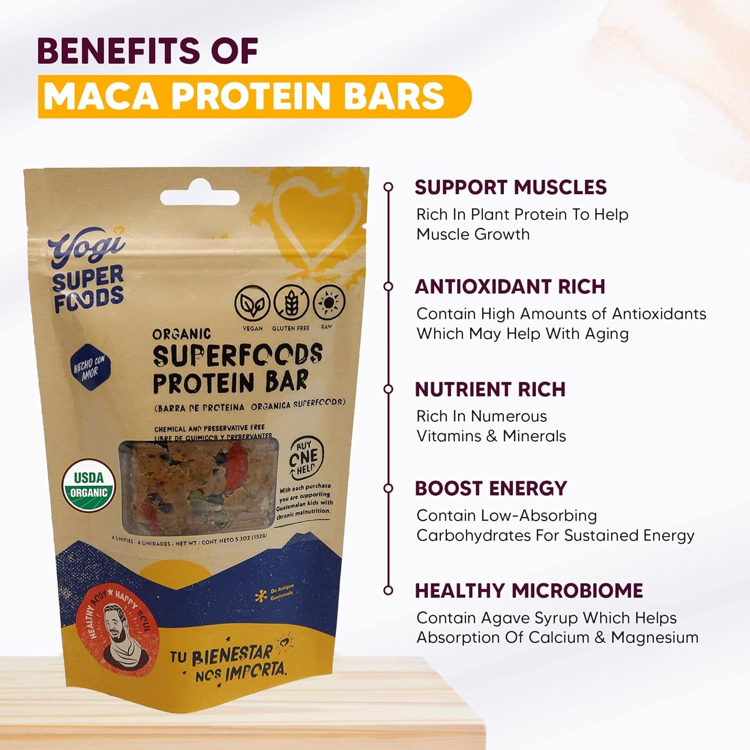 Yogi Super Foods Maca Protein Bars with Cacao for Healthy Energy - Raw, Vegan, Gluten Free, Low Glycemic Superfood Snack Food Bars with Plant Protein, Cocoa Powder & Granola - 4 Bars