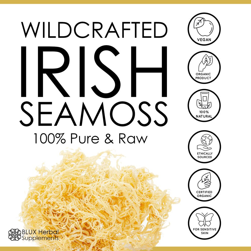 Wildcrafted Irish Sea Moss -100% Pure & Raw Irish Moss -Ethically Sourced St. Lucian, Sun Dried Seamoss with 92 Essential Nutrients - Healthy Skin, Gut & Joint Support -Vegan, Organic Sea Moss - 4 Oz