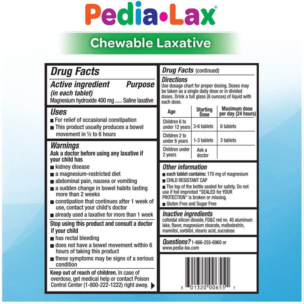 Pedia-Lax Laxative Chewable Tablets for Kids, Ages 2-11, Watermelon Flavor, 30 CT