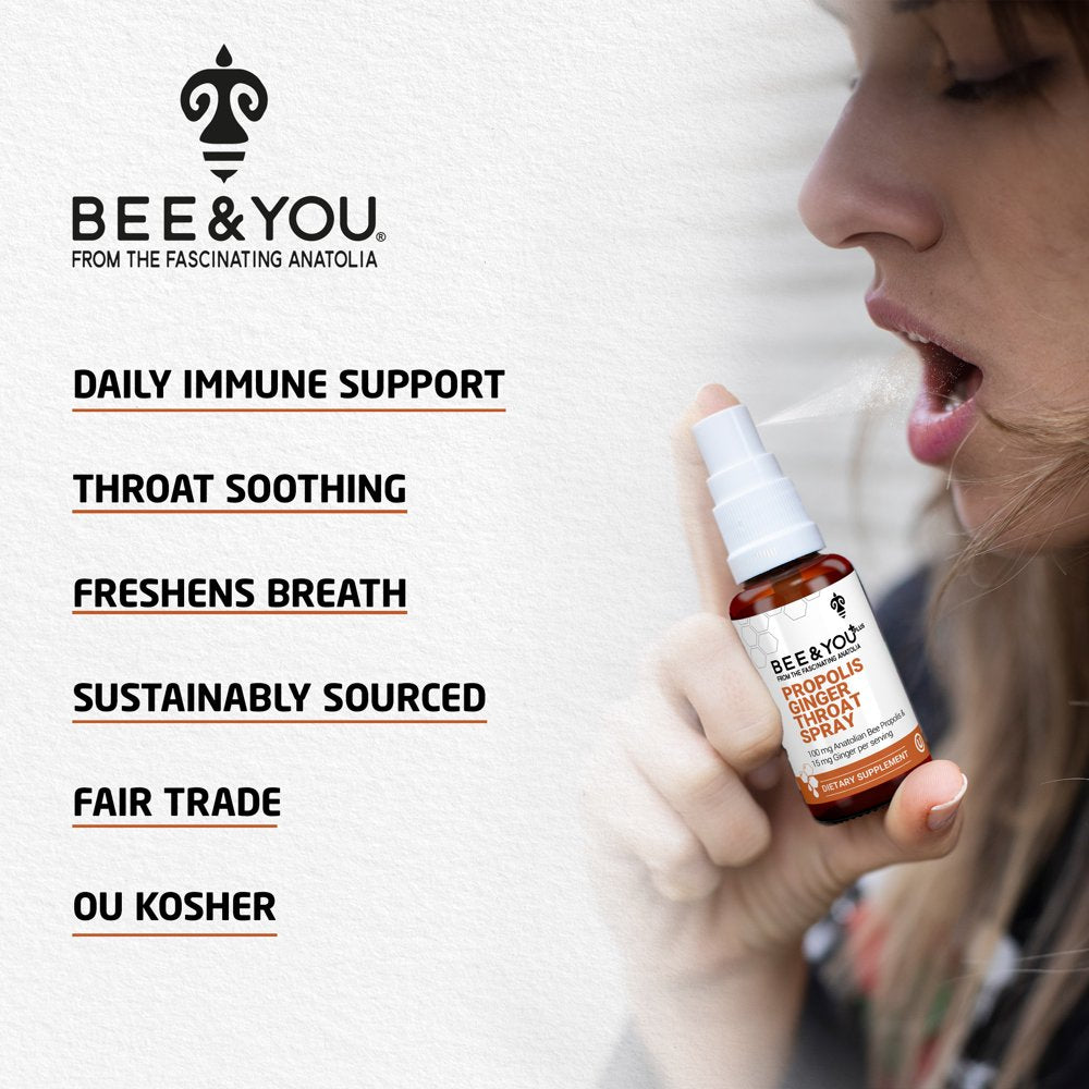 BEE and You Propolis Ginger Raw Honey Soothing Throat Spray, Ultra Pure, Immune Support Supplement, Oral Health, Antioxidants, Keto, Paleo, Gluten-Free, 1 Fl Oz, Stocking Stuffers, Gifts