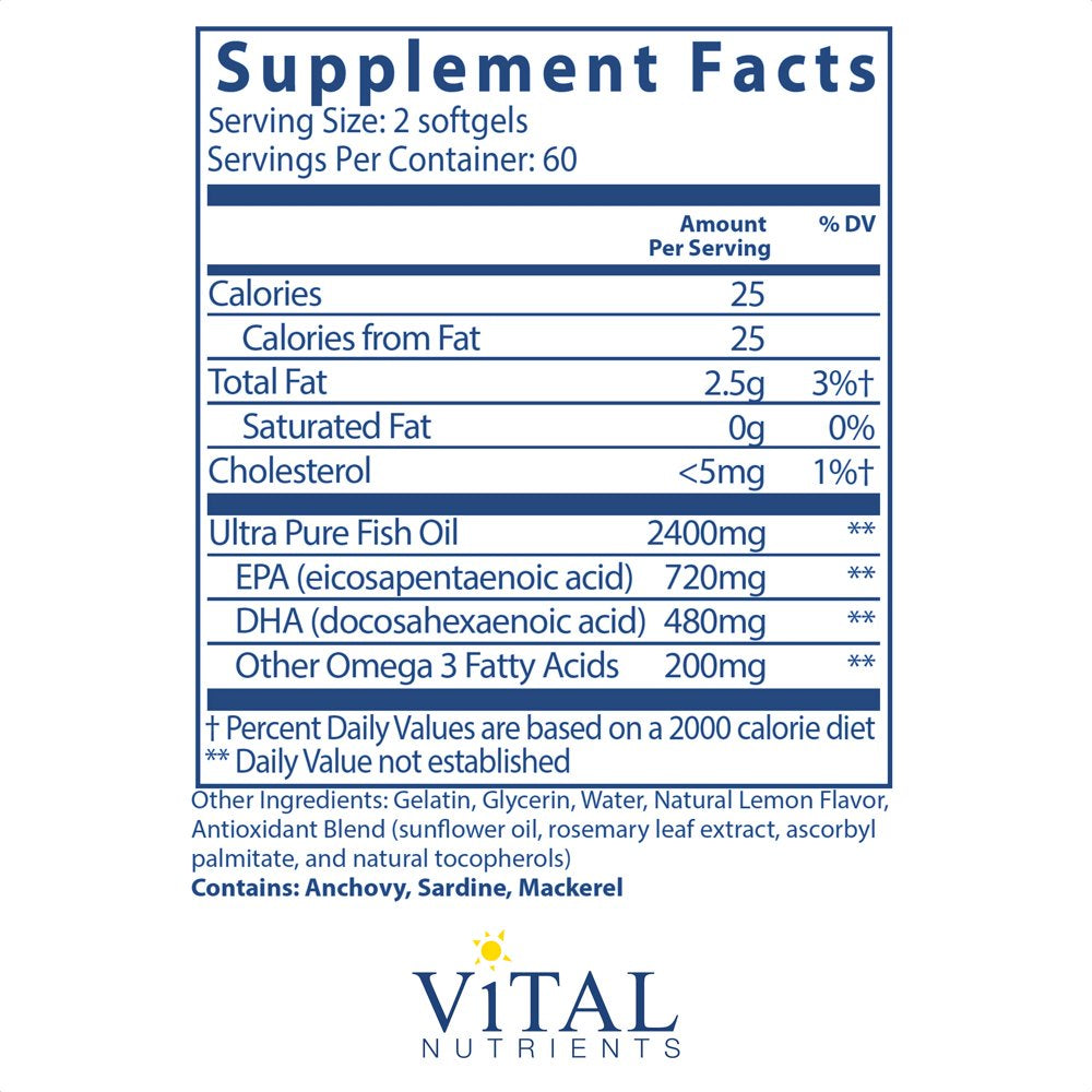 Vital Nutrients - Ultra Pure Fish Oil 700 (Pharmaceutical Grade) - Hi-Potency Wild Caught Deep Sea Fish Oil, Cardiovascular Support with EPA and DHA - 120 Softgels