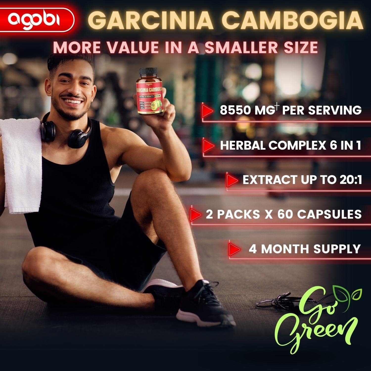 6In1 Garcinia Cambogia Extract Capsules 4 Months - 20:1 Extract 8550Mg with Organic Green Tea, Arjuna, Garlic Bulb, Turmeric & Black Pepper - Balace Body, Mood & Immune Support - 2 Packs 60 Counts