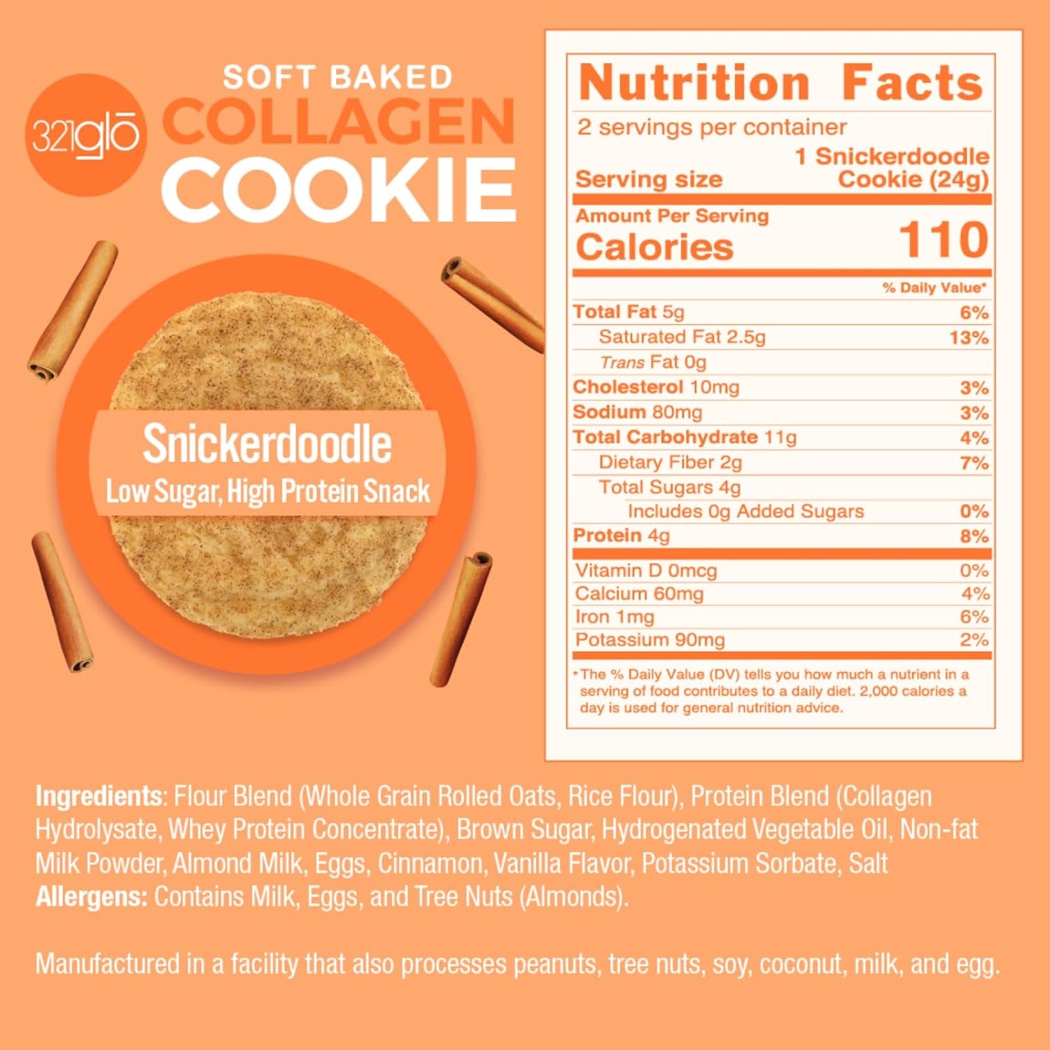 321Glo Collagen Cookies | Soft Baked, High Protein Cookies | Low Carb, Low Sugar | Keto Snack for Women, Men, & Kids | 12 Pack (Snickerdoodle)