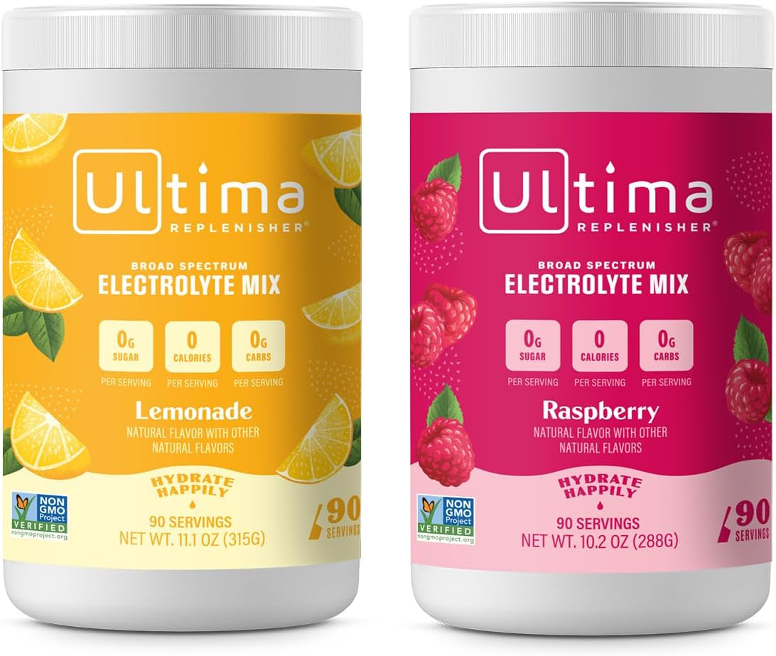 Ultima Replenisher Hydration Electrolyte Powder Bundle- Keto & Sugar Free- Feel Replenished, Revitalized- Non GMO and Vegan Electrolyte Drink Mix- Lemonade and Raspberry, 90 Servings