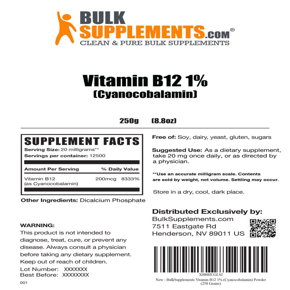 Bulksupplements.Com Vitamin B12 1% (Cyanocobalamin) Powder - Energy Vitamins - Vitamin B12 Supplements - Vegan B12 Vitamin (250 Grams)