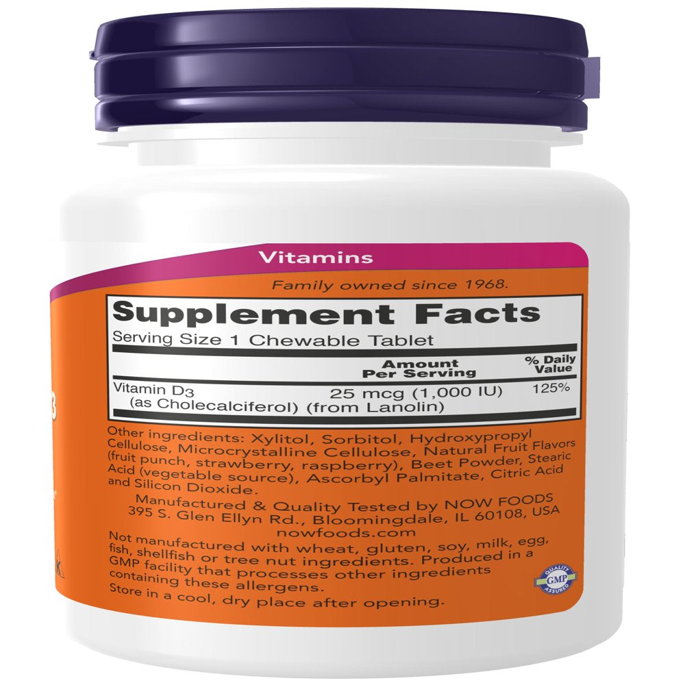 NOW Supplements, Vitamin D-3 1,000 IU, Natural Fruit Flavor, Structural Support*, 180 Chewables