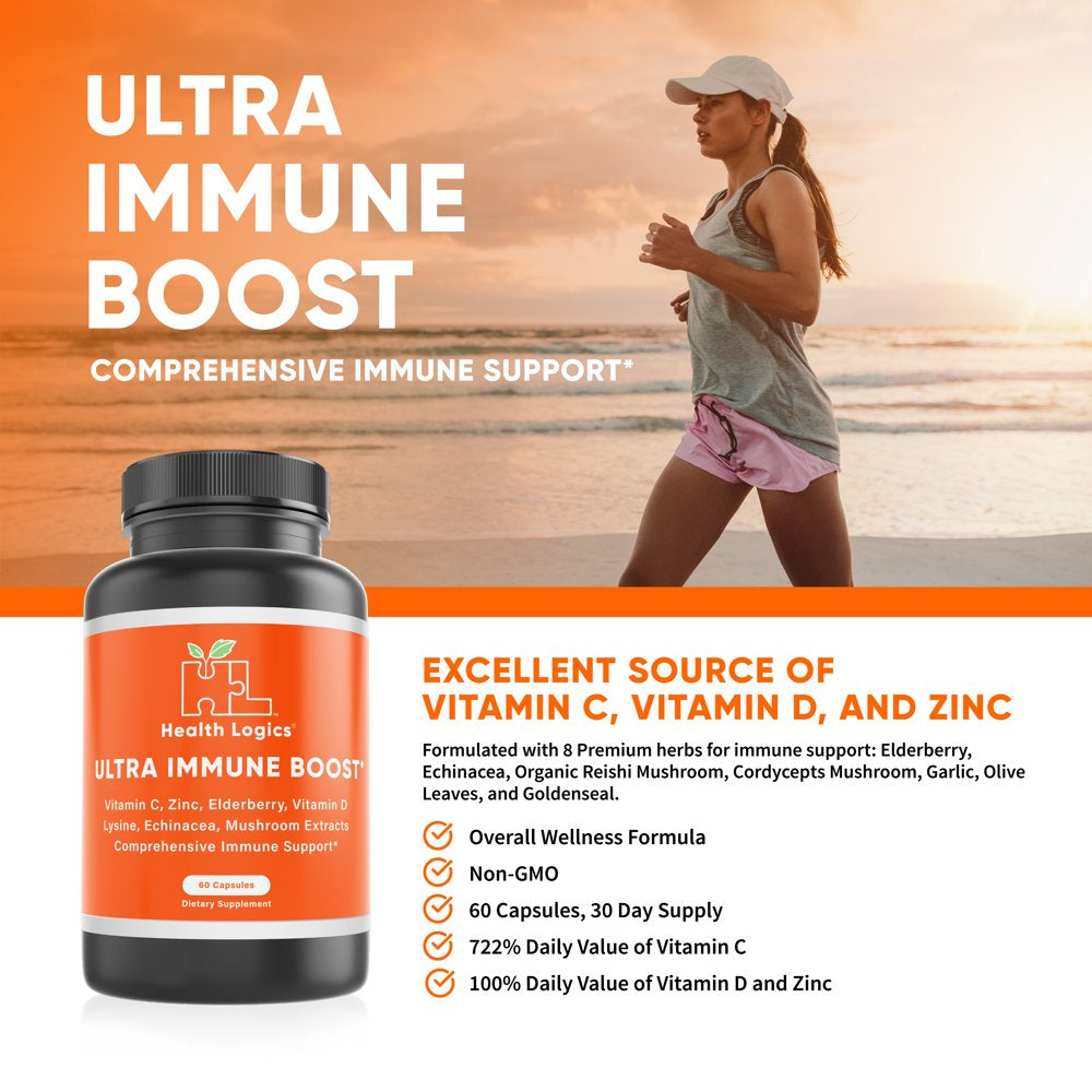 Ultra Immune Boost Capsules with Vitamin C, Zinc, Elderberry, Vitamin D, Lysine, Echinacea, and Mushroom Extracts for Immune Support- Powerful Antioxidants -60 Veggie Caps