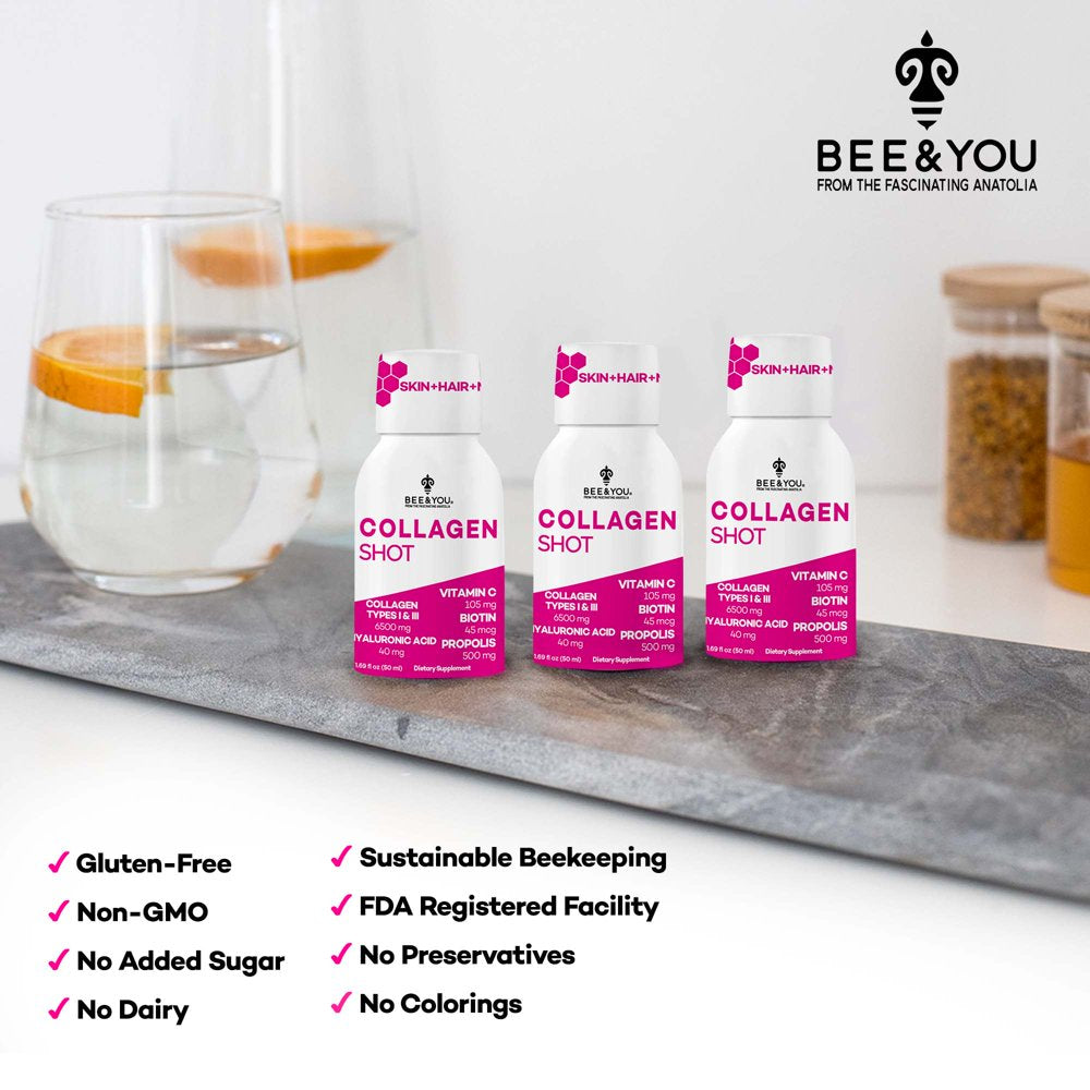BEE and YOU Collagen Liquid Shot Drink with Vitamin C, Hyaluronic Acid, Biotin - Promotes Skin, Hair, Nail and Joint Health, 1.69 Fl. Oz X 12 Bottles