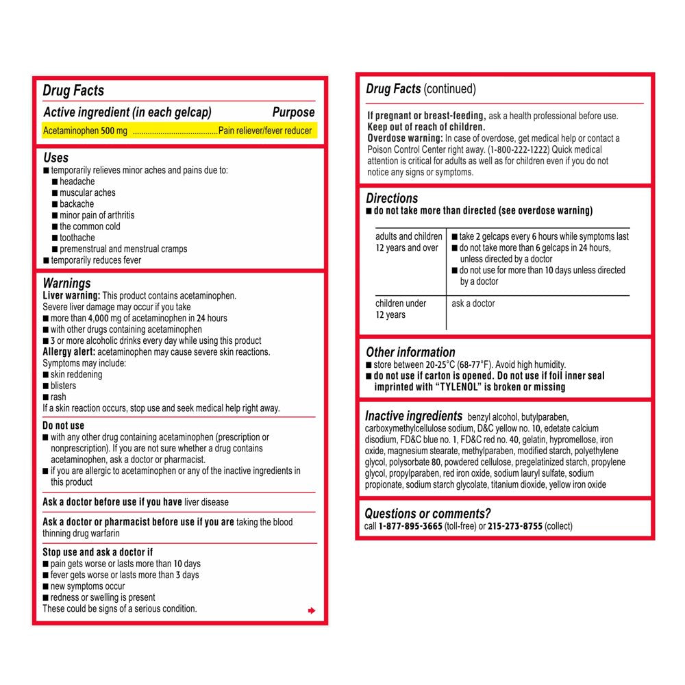 Tylenol Extra Strength Acetaminophen Rapid Release Gels, 225 Ct