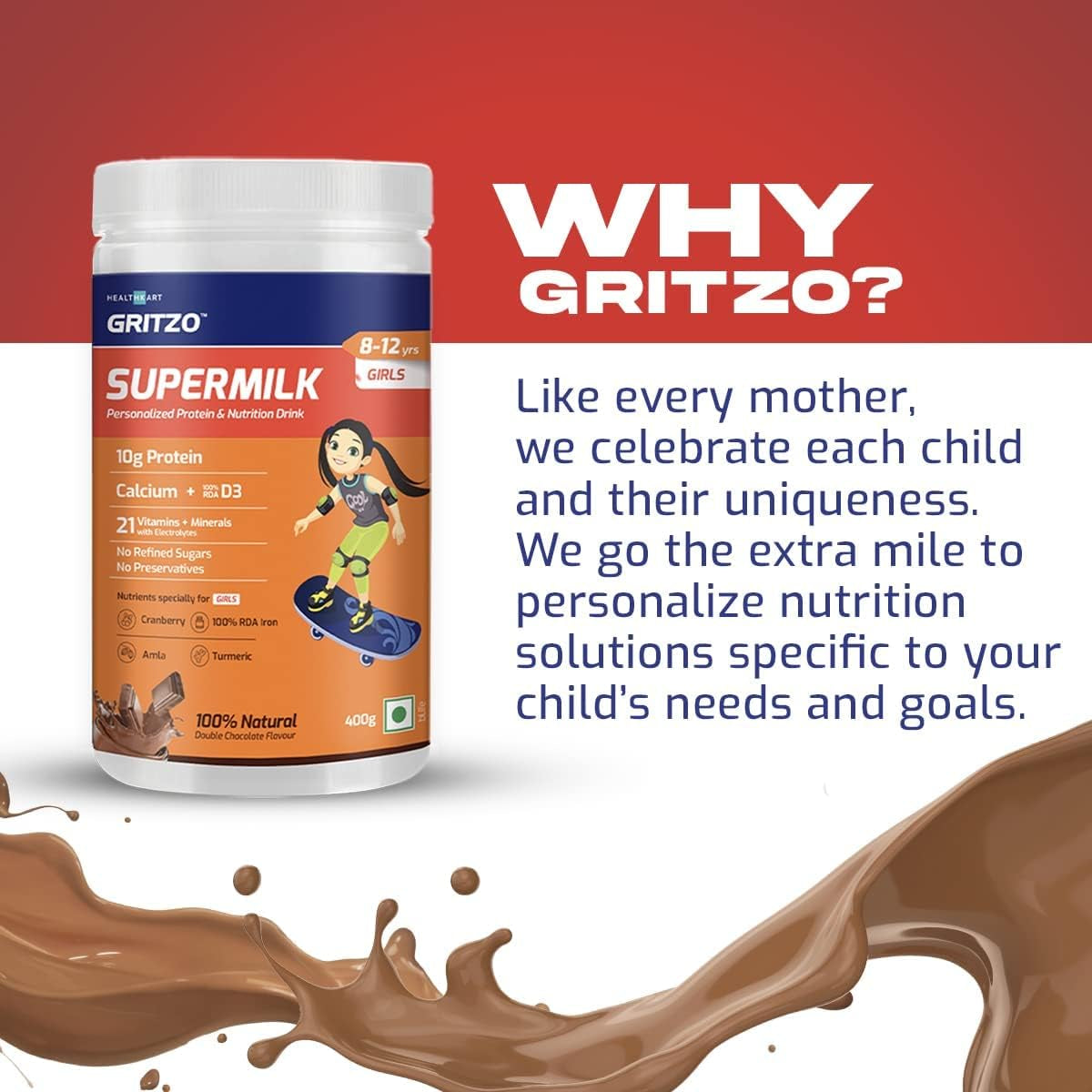 Supermilk 8-12Y (Girls), Kids Nutrition & Health Drink, Protein Powder for Kids Growth & Sports, High Protein (10 G), Calcium + D3, 21 Nutrients, Natural Double Chocolate Flavour, 400 G