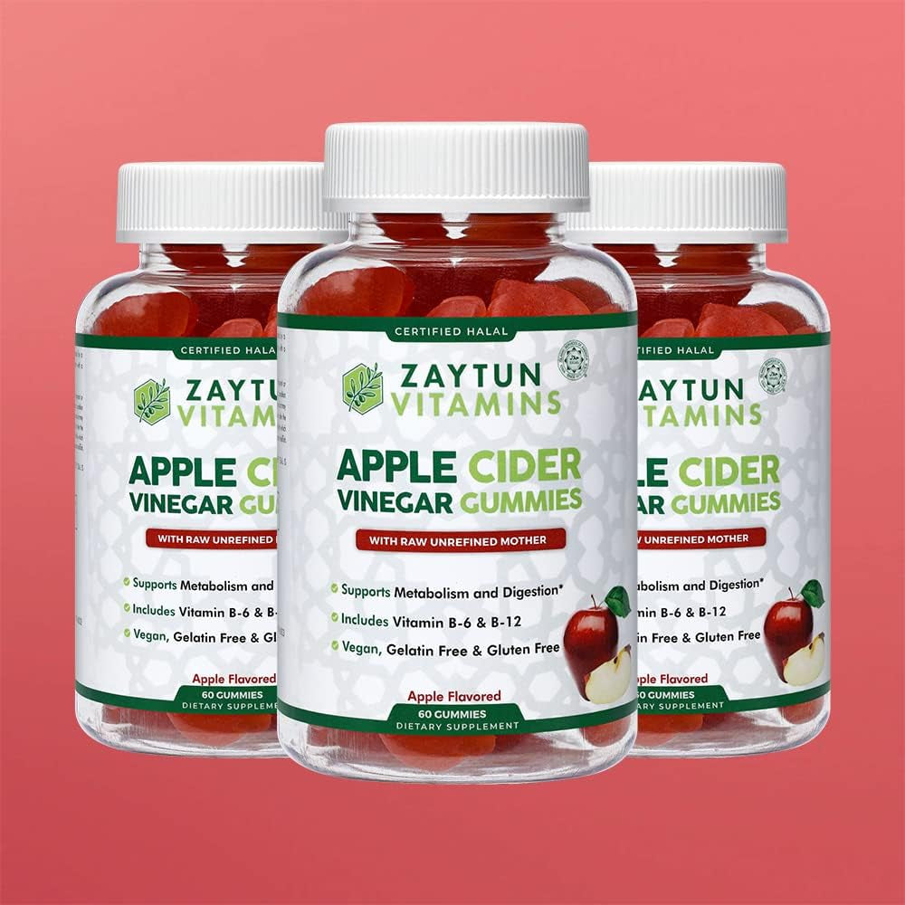 Zaytun Halal Apple Cider Vinegar Gummies with Mother, Supports Digestive and Gut Health, Help Improve Energy, Includes Folic Acid, No Gelatin No Gluten, 100% Vegan, 2 Months Supply