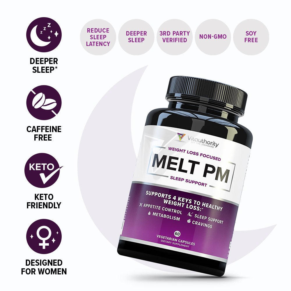 Melt PM Natural Sleep Aid & Weight Loss Pills: Promote More Restful Sleep and Support Appetite plus Metabolism | Ashwagandha and L-Theanine | 60 Capsules