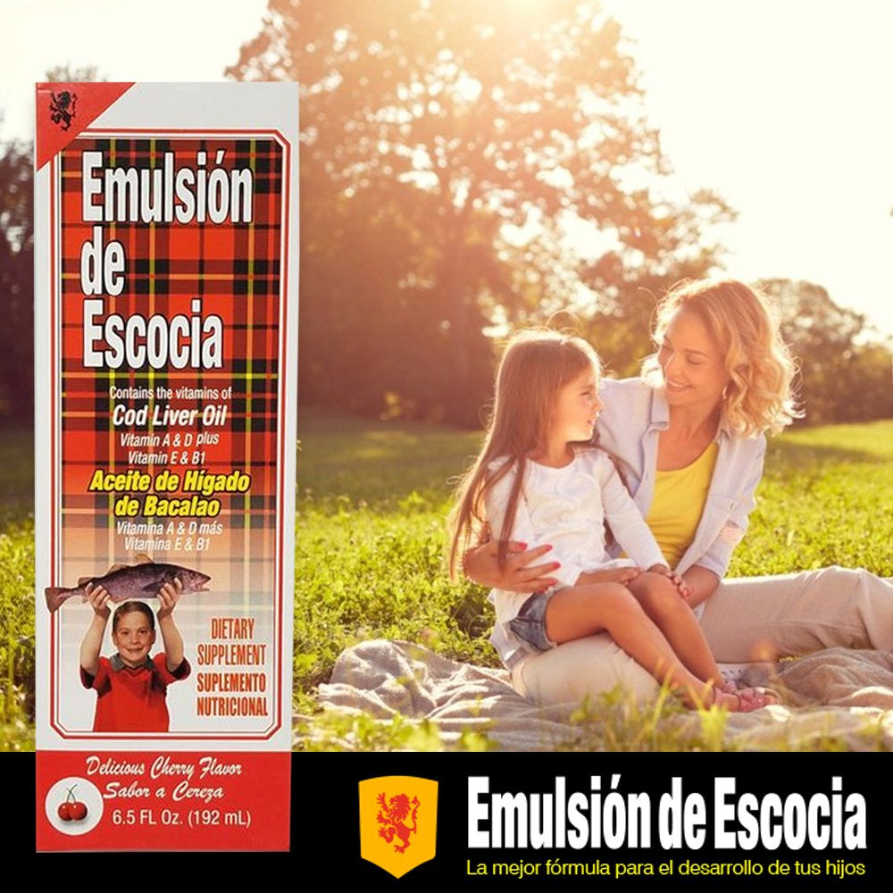 Emulsion De Escocia Cod Liver Oil Dietary Supplement. Rich in Vitamins A, D, E and B1. Cherry Flavoured. 6.5 Fl Oz. Pack of 3