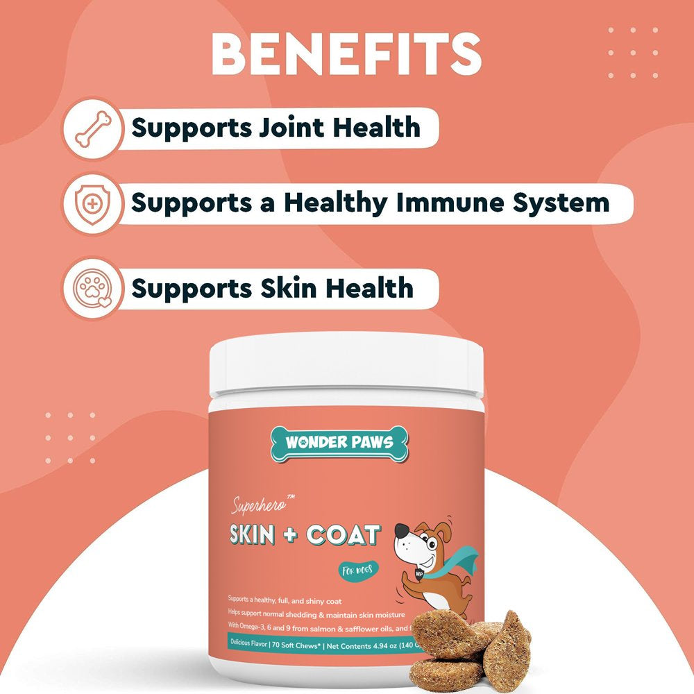 Wonder Paws Skin & Coat Supplement for Dogs with Salmon Oil, Omega 3 & 6, EPA & DHA - 70 Chews Pet Supplement