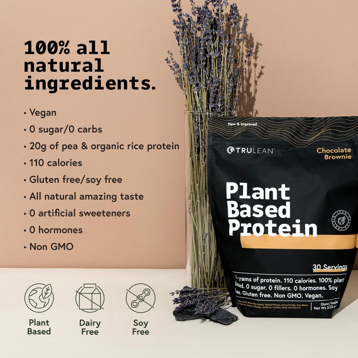 TRULEAN Plant Based Vegan Protein Powder, 20G Organic Pea Protein, Vegan, Non GMO, Gluten/Diary Free, Chocolate Brownie, 33.2Oz (1Pk, 30 Servings)