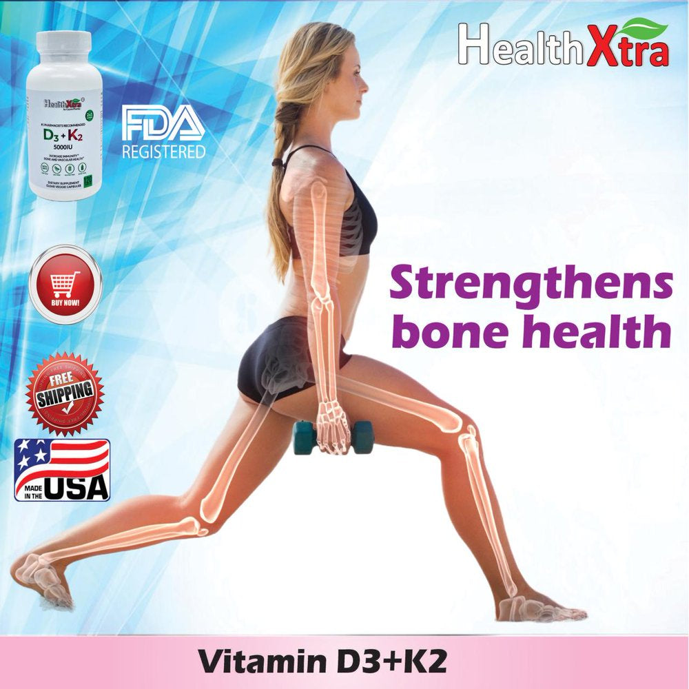 Healthxtra Vitamin D3+K2 Joint & Heart Health Support - 5000IU - 120 Capsules (4 Months Supply)