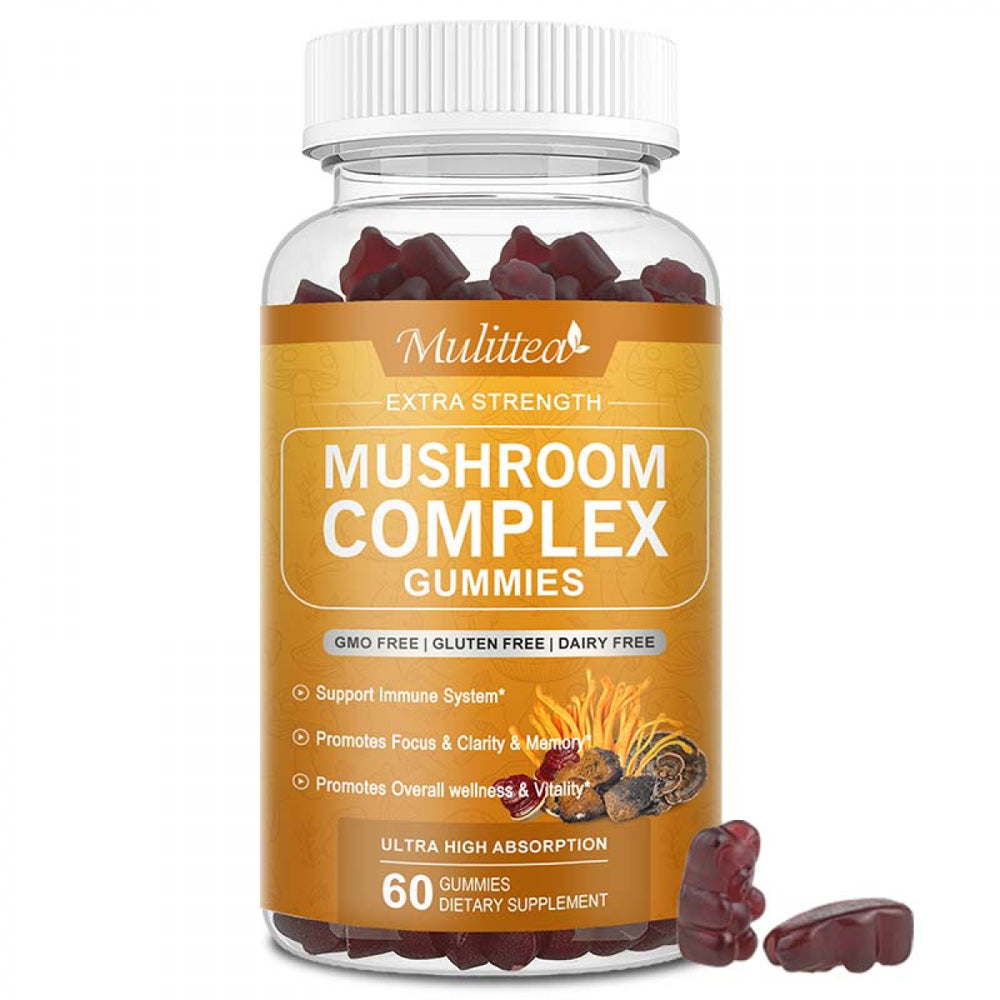 Mulittea Effective Mushroom Complex Gummies Supplement for Men & Women - Brain Booster, Immune Support, Energy - 60 Gummies