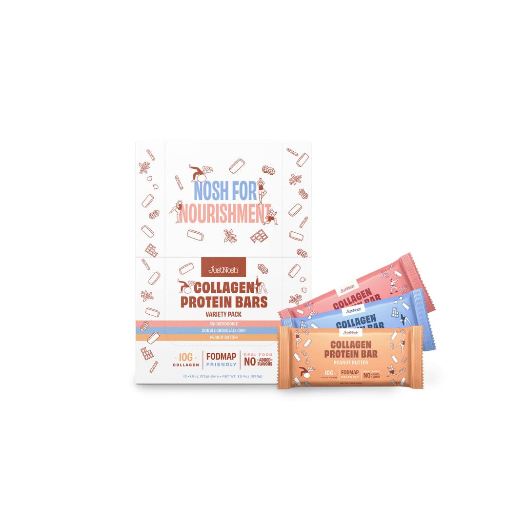 Justnosh Collagen Protein Bars, 10G Collagen, 15G Protein, Gluten Free, Dairy Free, FODMAP Friendly, No Seed Oils, Clean Ingredients | Variety Pack (12 Pack)