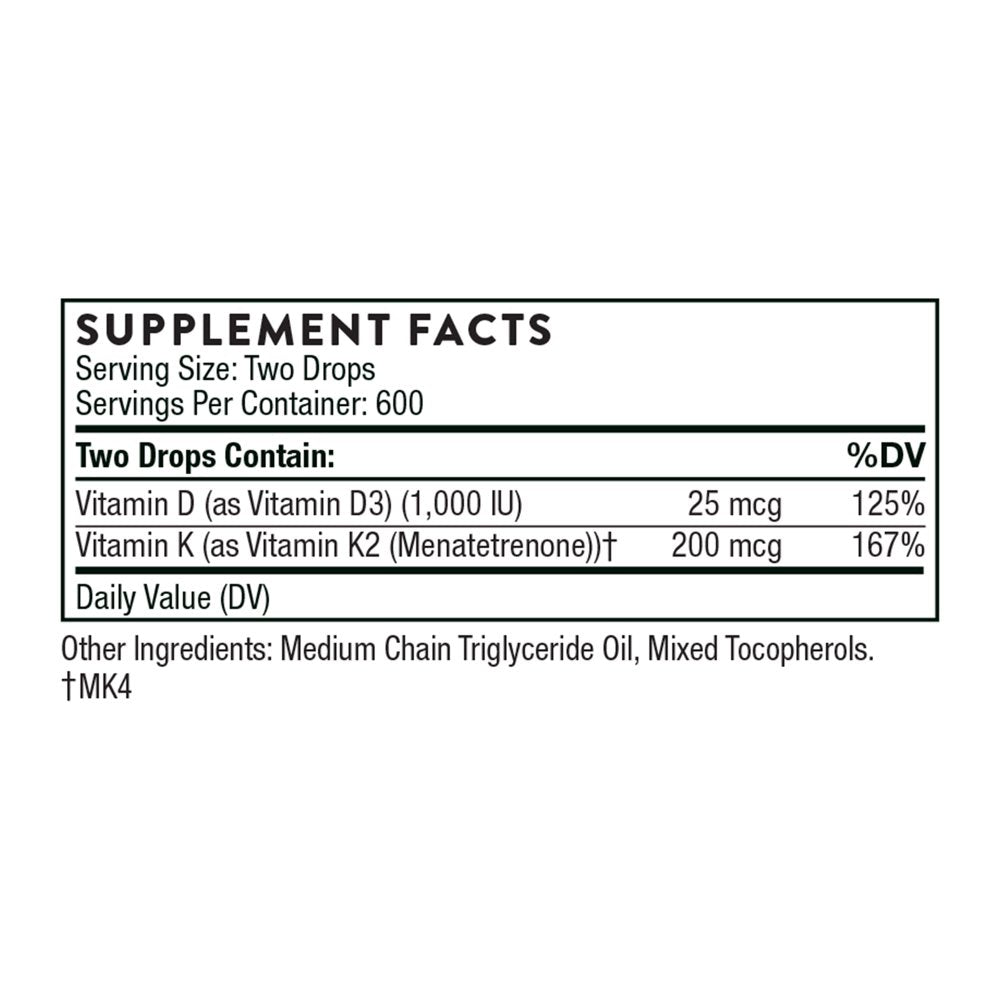 Thorne, Vitamin D + K2 Liquid with a Metered Dispenser, Vitamins D3 and K2 to Support Healthy Bones and Muscles*, 1 Fl Oz (30 Ml), 600 Servings