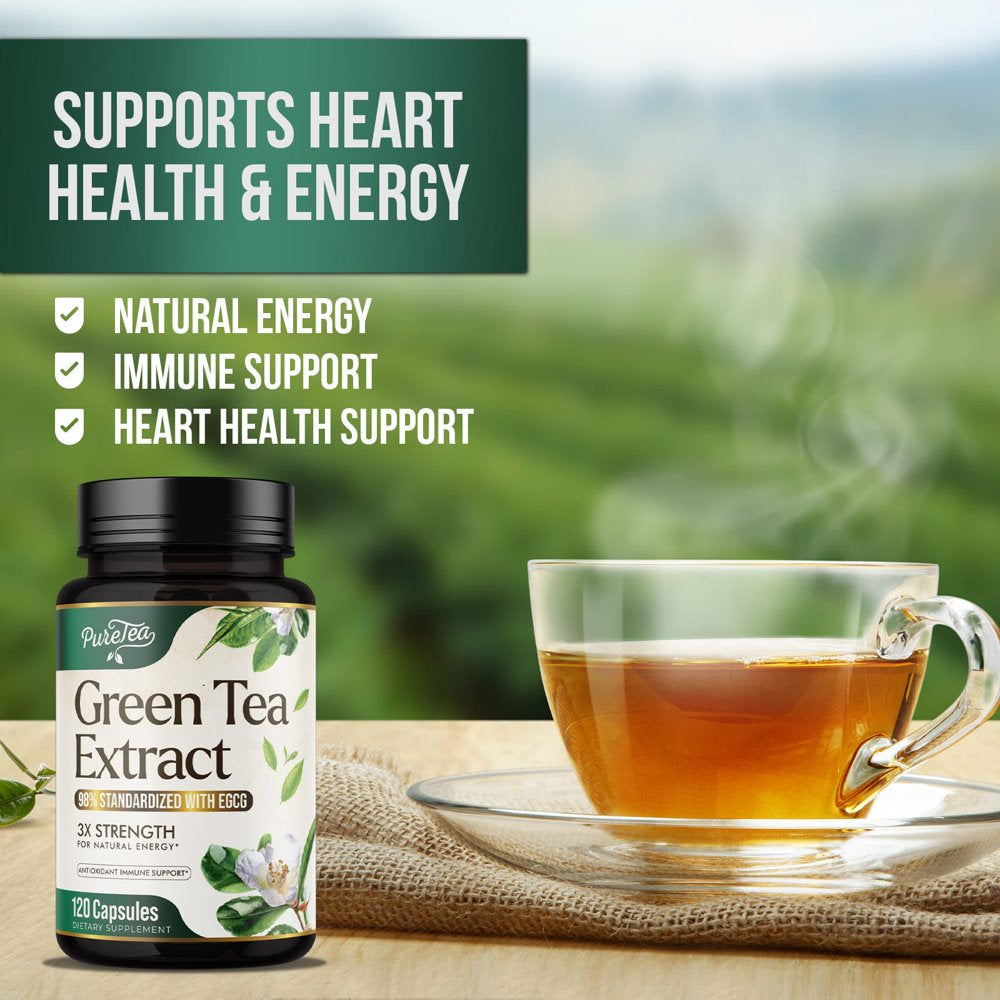 Puretea Green Tea Extract Pills 1000Mg with EGCG - 98% Standardized Polyphenols - 3X Absorption Green Tea Capsules for Natural Energy - Heart Support with Antioxidants, Gentle Caffeine - 120 Capsules