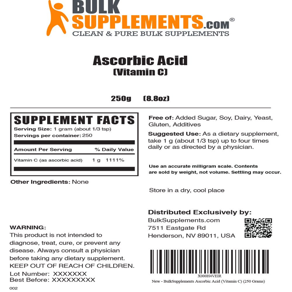 Bulksupplements.Com Ascorbic Acid (Vitamin C) Powder, 1G - Immunity Booster (250 Grams)