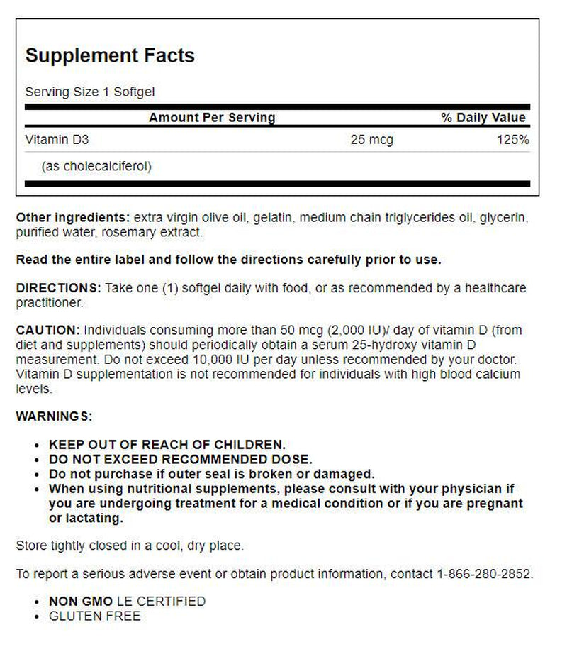 Life Extension Vitamin D3 25 Mcg (1000 IU) - Cognitive, Bone, Immune, Heart Health & Blood Pressure Support - Gluten-Free, Non-Gmo - 250 Softgels