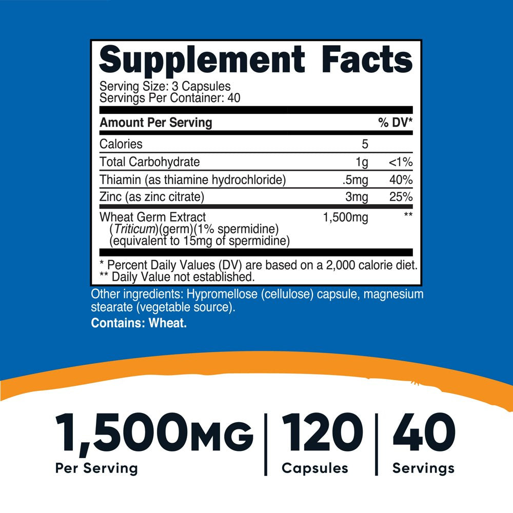 Nutricost Spermidine Wheat Germ Extract Supplement (1500Mg) 120 Capsules, 40 Servings