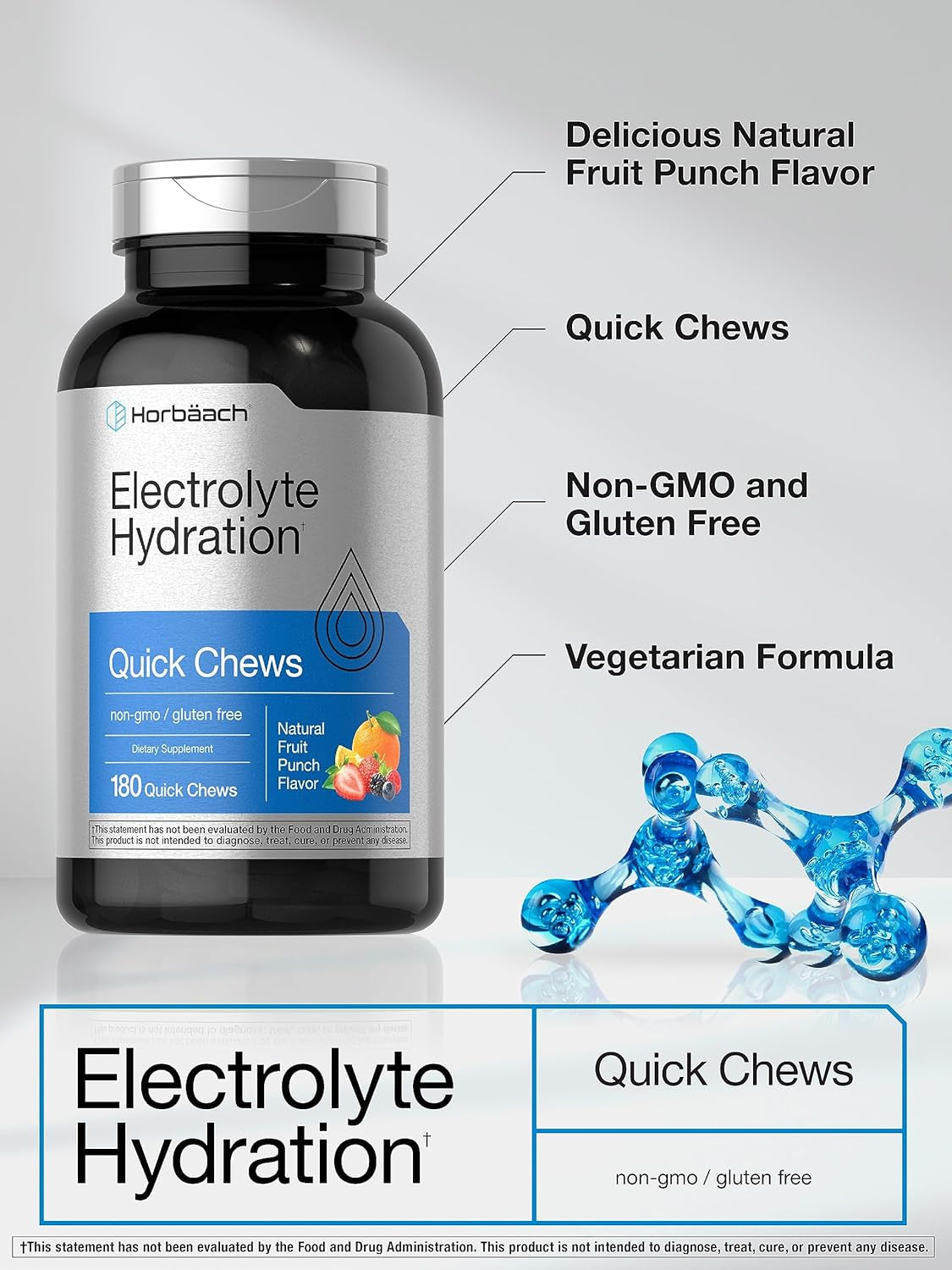 Electrolyte Quick Chews | 180 Count | Natural Fruit Punch Flavor | Vegetarian, Non-Gmo, and Gluten Free Hydration Supplement | by Horbaach